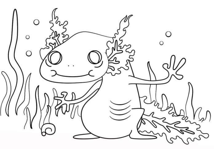 Coloring sheet of a happy sea creature in the middle of a coral reef