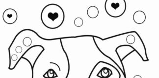página de coloração de um pitbull apaixonado por corações