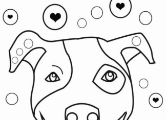 A coloring book of a pit bull in love with hearts
