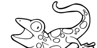 Printable coloring book of a puzzled lizard with spots