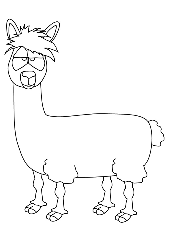 Coloring book of a tired llama in a clearing