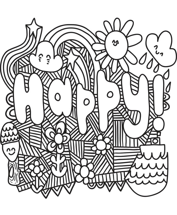 livre de coloriage de timbres et du mot "happy" (heureux)