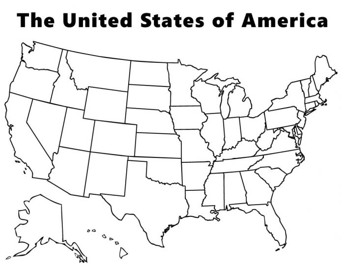 ぬりえページ アメリカ50州 - アメリカの州への分割 地図