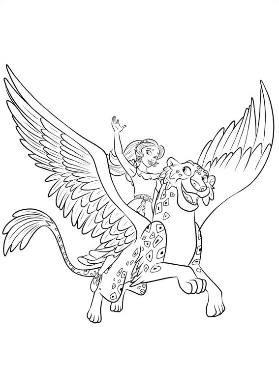 Coloring book Elena flies on a tiger with wings printable - pegasus