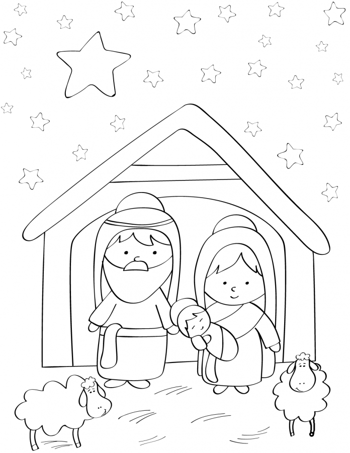 Libro para colorear de Jesús y María junto al Belén de Navidad imprimible y  online