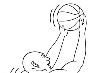 Printable coloring page of Kobe Bryant flying with the ball