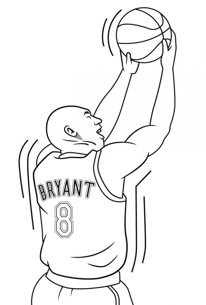 Druckfähiges Ausmalblatt von Kobe Bryant, der mit dem Ball fliegt