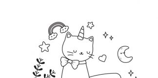 Pagina da colorare Gatto unicorno su una stella