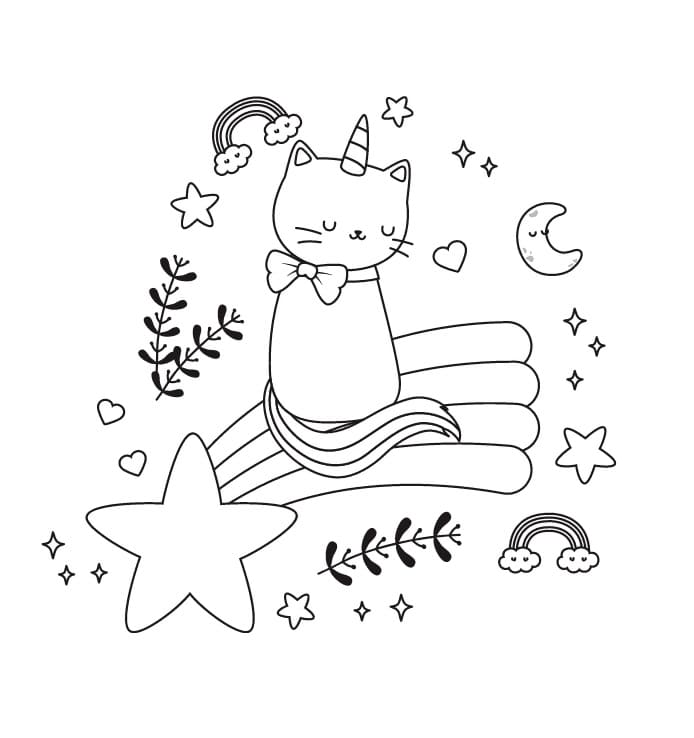 Página para colorir Gato unicórnio em uma estrela