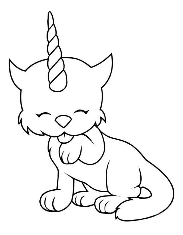 Ausmalbild Einhorn Katze leckt sich selbst