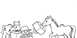 Foglio da colorare Lego duplo che dà da mangiare al cavallo