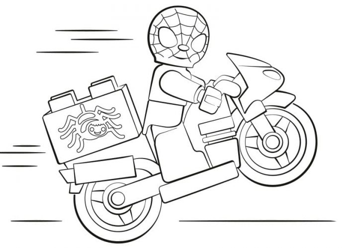Página para colorir Lego duplo homem aranha em uma motocicleta