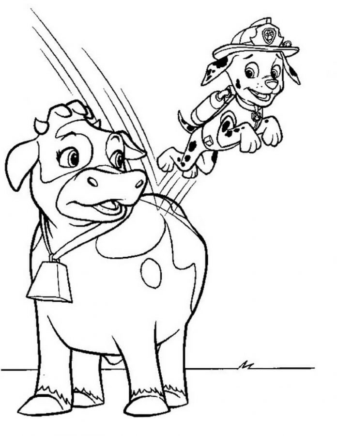 Ausmalbild Marshall mit einer Kuh