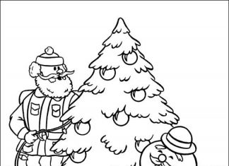 Coloring book Men dress a Christmas tree