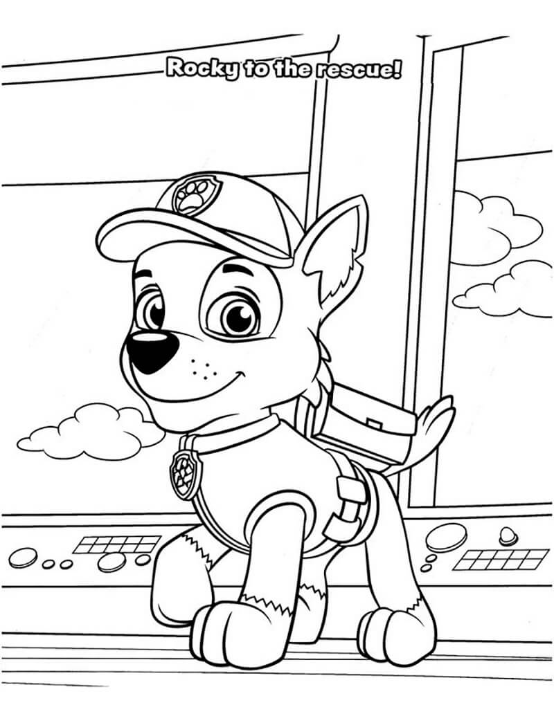 Coloring book Rocky at the base of Paw Patrol