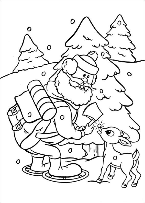 Livro de colorir imprimível Rudolf corta uma árvore com seu avô
