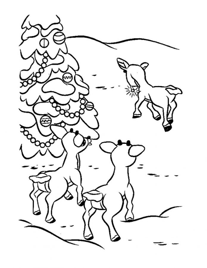 Printable coloring book Rudolph with his friends near the Christmas tree