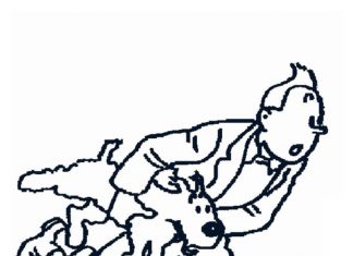Coloring page of Tintin running with a dog in his arms