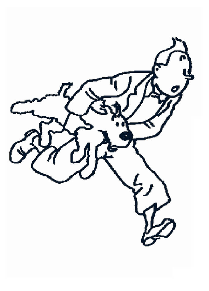 Livro colorido de Tintin correndo com um cachorro em seus braços
