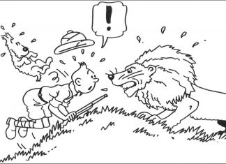 Nyomtatható kifestőkönyv Tintin oroszlánnal