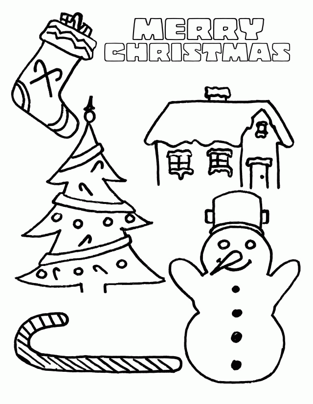 Feuille à colorier bonhomme de neige près de la maison et du sapin de Noël