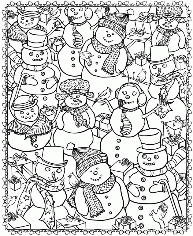 foglio da colorare pupazzi di neve natalizi in una cornice