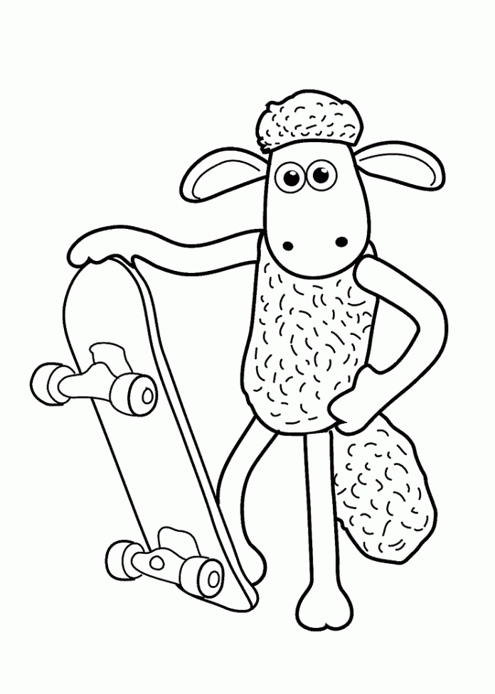 coloriage agneau shaun sur skateboard imprimable pour enfants