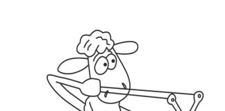 Printable coloring page of lamb shaun shoots with slingshot