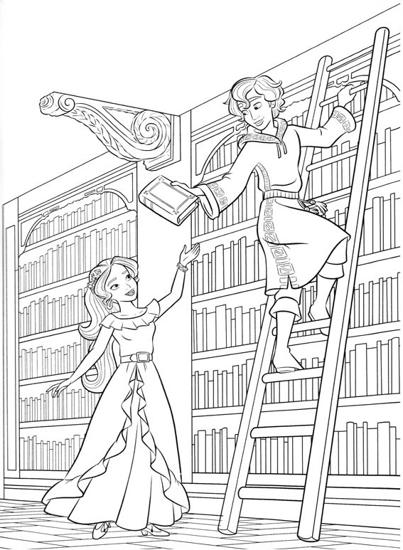 Farvelægningsbog med helte på biblioteket, som kan udskrives