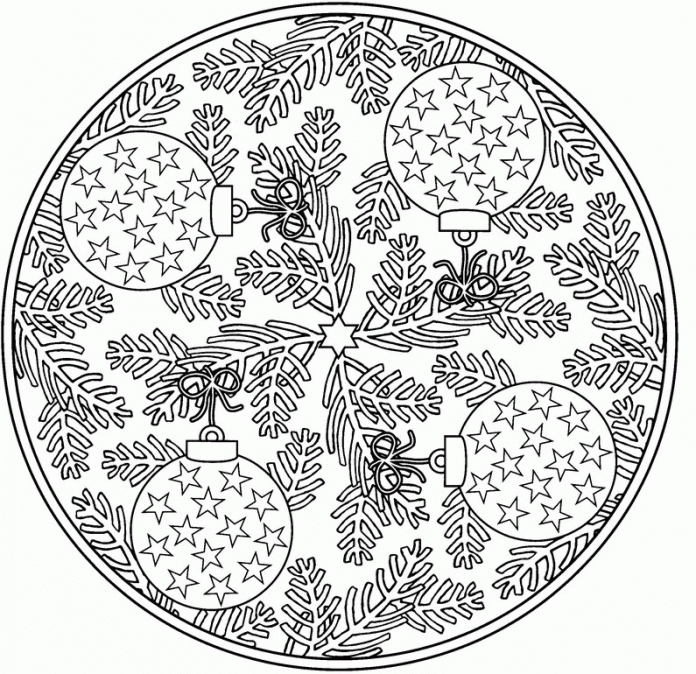 Färgblad Julgransbollar i en cirkel för utskrift