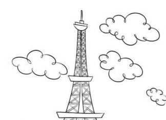 coloring page of buildings in front of the Eiffel Tower