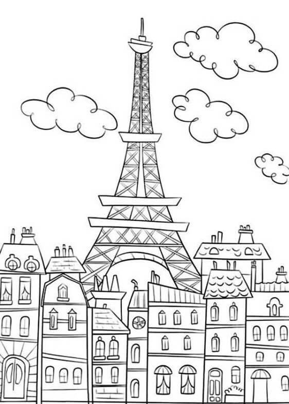 coloring page of buildings in front of the Eiffel Tower