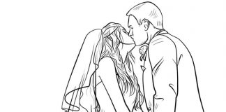 Pagina da colorare di sposi che si baciano