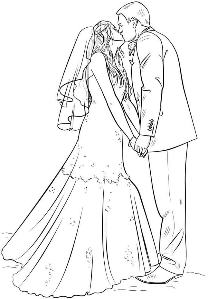 coloring book of a kissing bride and groom