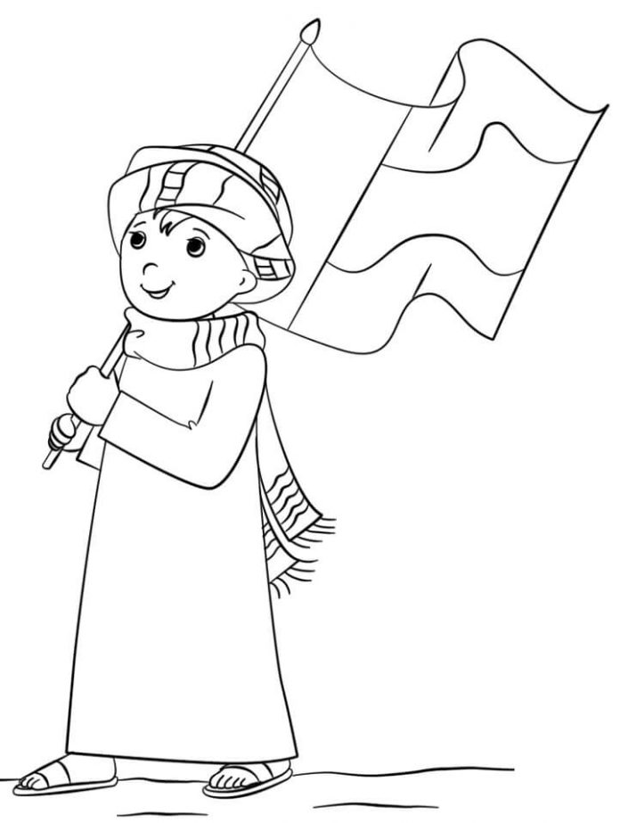 página para colorear niño con bandera del país