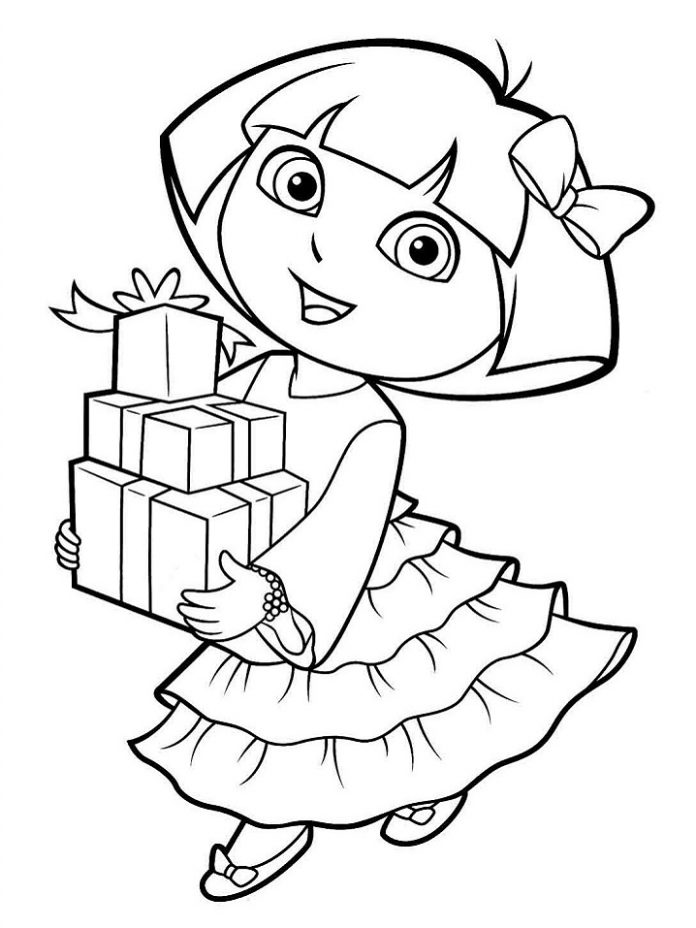 Coloring book for 2-year-old Dora with gifts