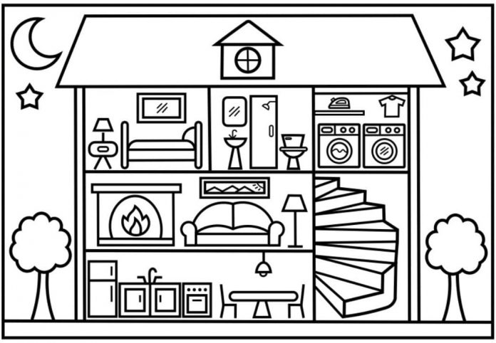 Coloring book dollhouse at night