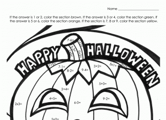 Färgläggning av Halloween-pumpa enligt matematiska lösningar.