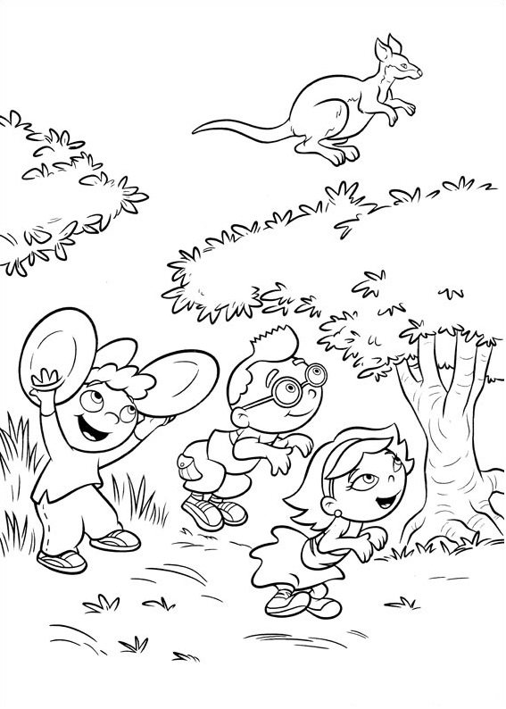 Página para colorear de los niños de los dibujos animados Little Einsteins jugando en el bosque