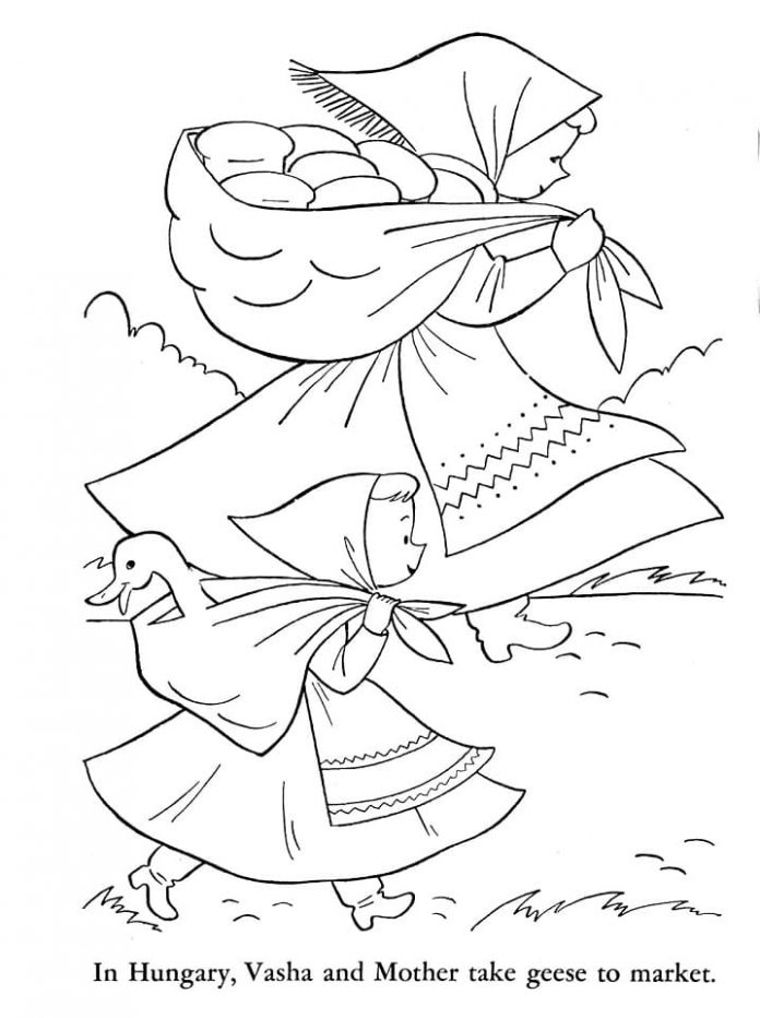 Coloring page girls carry heavy bags
