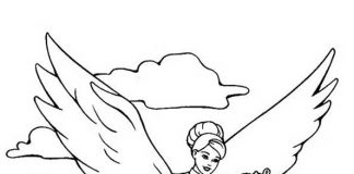 Printable coloring book girl flies on pegasus