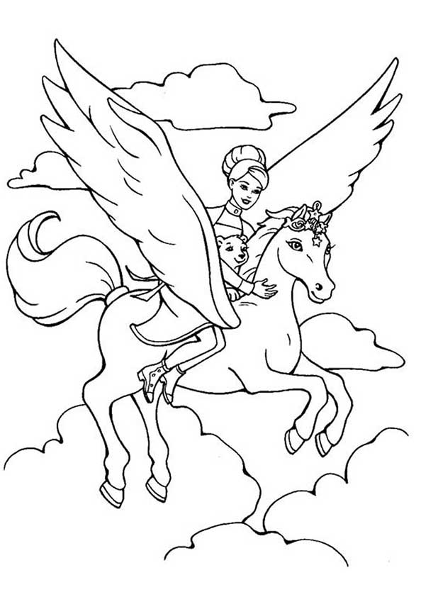 Printable Malbuch eines Mädchens fliegen auf einem Pegasus
