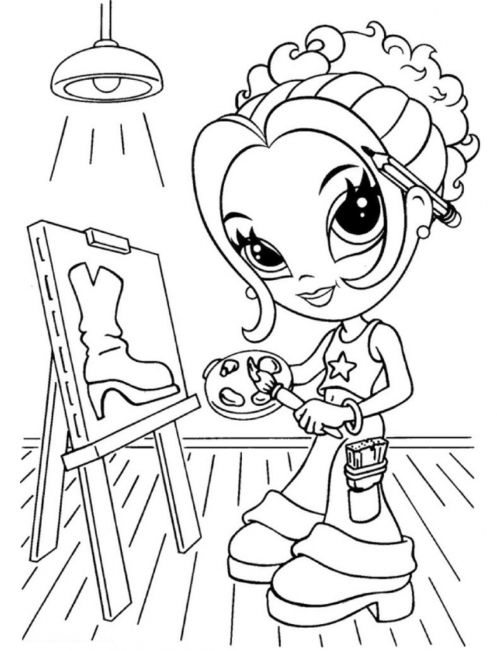 coloring book girl paints a picture - easel