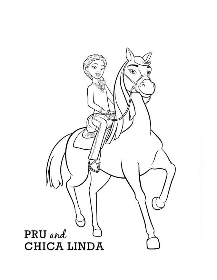 Printable coloring book girl on horseback for kids