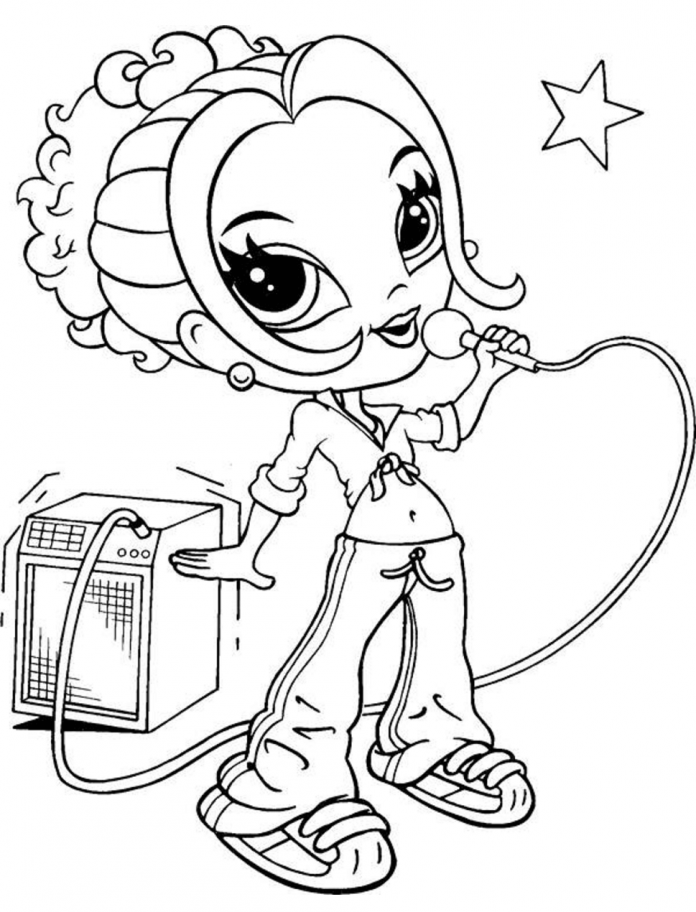 Printable coloring book girl sings into microphone