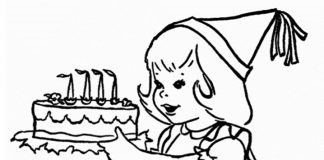 värityskirja tyttö kävelee kakun kanssa