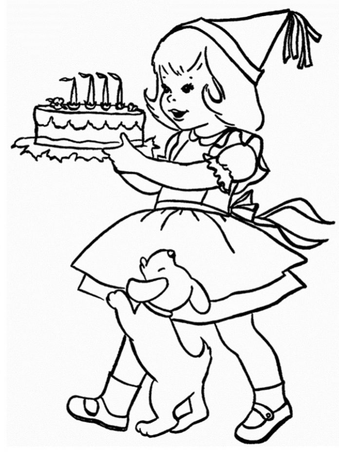 malebog af en pige, der går med en kage