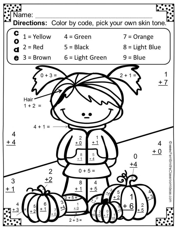 Färgläggning av en flicka med pumpor enligt matematiska lösningar.