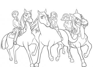 Printable coloring book of girls on horseback for girls