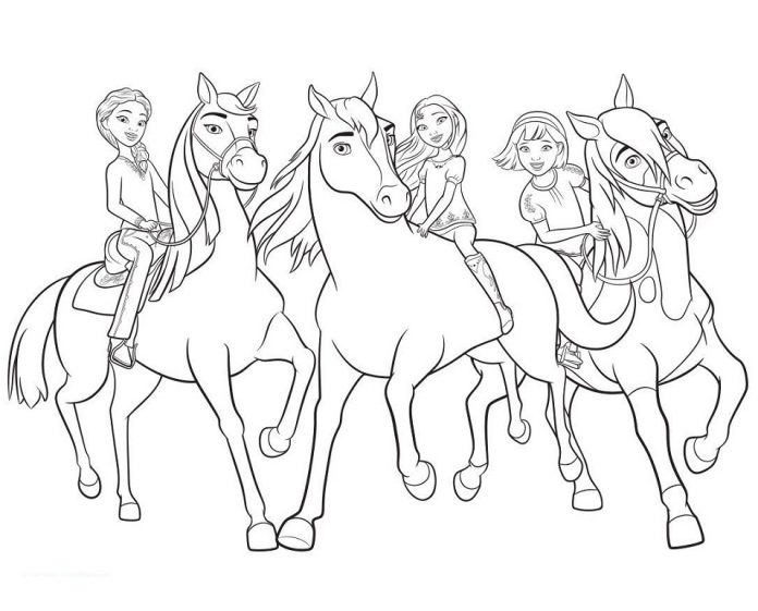 Druckfähiges Malbuch von Mädchen auf dem Pferderücken für Mädchen